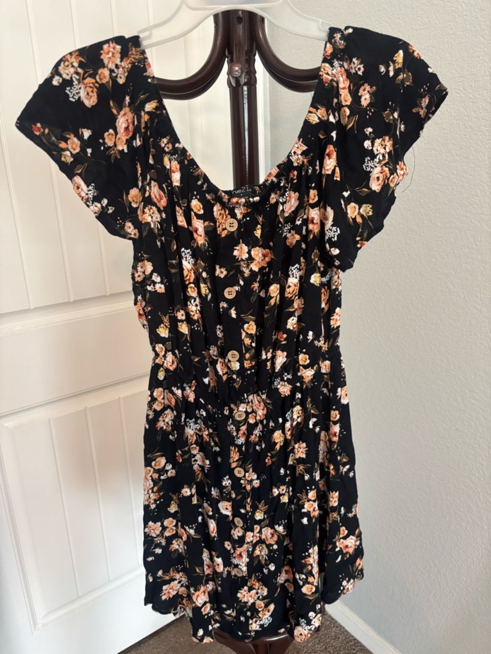 Rue21 Black Floral Mini Dress with Peach and Cream Flowers